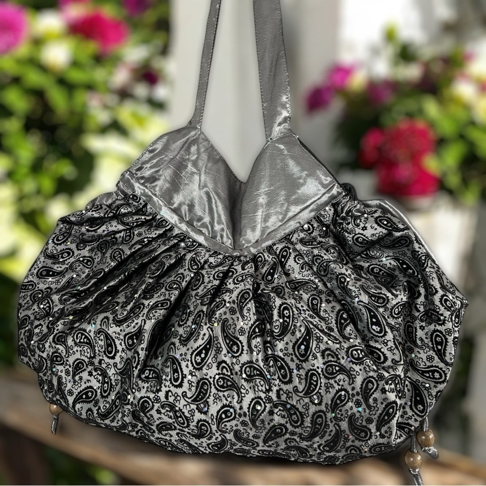Paisley Silver Fabric Black Velour Holographic Sequins Wide Side Drawstring Bag
